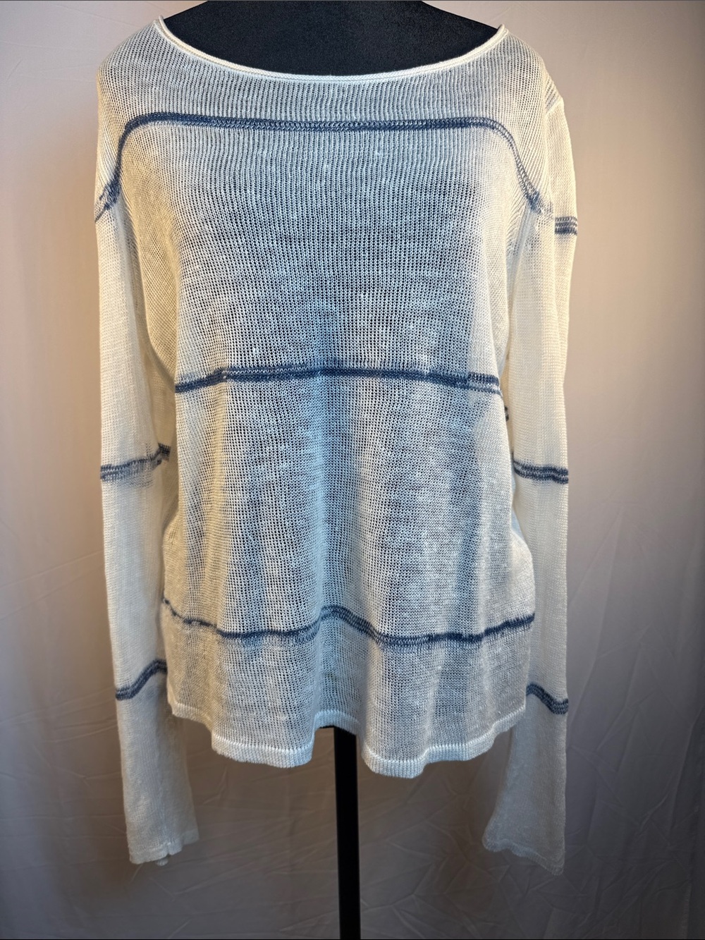 Eileen Fisher Cream Linen Knit Scoop Neck Sweater with Navy Stripes